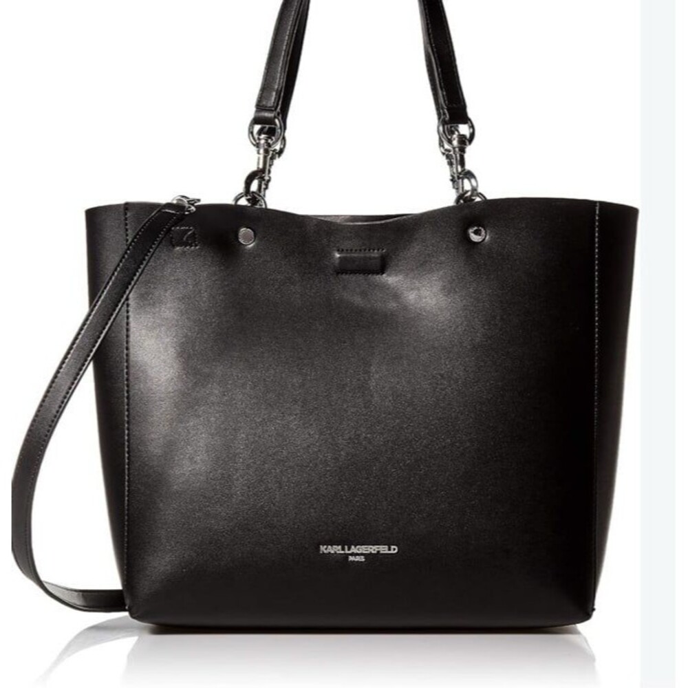 Karl Lagerfeld Paris Adele Black Leather slouchTote Shoulder Purse Carry All Bag